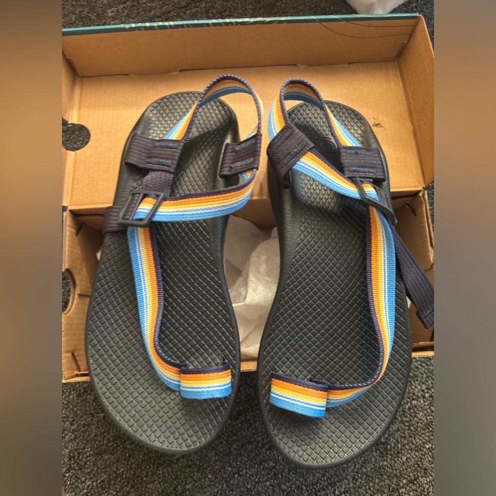 Bodhi Chaco sandals belt blue rainbow stripe